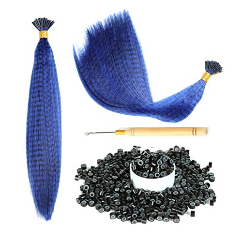 jiefeng 25 Strands 19in Blue Color Colored Synthetic Feather Hair Extensions Kit (Not Real Feather) with 50 Pcs Silicon Micro Link Beads 1 Crochet Hook Tools Kit (19 INCH, blue)