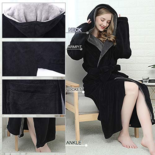 Kemusi Hooded Black Herringbone Women's Soft Spa Long Kimono Bathrobe,Comfy Full Length Warm Nightdress L #TOP4