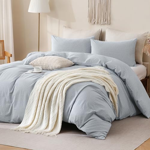 Image of TOCOMOA Mini Gingham Blue Duvet Cover Bedding Set 100% Washed Cotton Like Linen Feel Super Soft Comfortable 3 Piece Small Plaid Checkered Comforter Cover Set (King 104 inchx90 inch, Comforter Not Included)