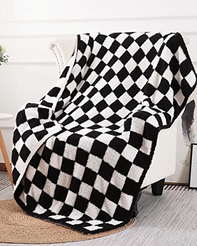 Panku Super Soft Checkered Throw Blanket, Knitted Cozy Warm Checkboard Fleece Blankets For Couch And Sofa, Reversiable Luxury Fluffy Plaid Knit Blanket Throw Black And White 50X60 Inches #TOP5