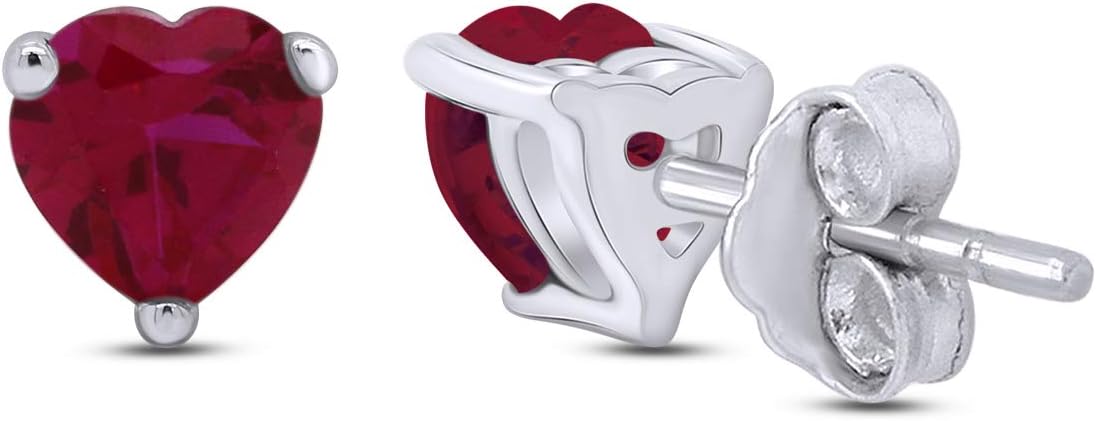 Birthstone Heart Stud Earrings for Women 5MM Simualted Gemstone Studs in 14K White Gold Plated 925 Sterling Silver Push Back Earrings Jewelry for Her