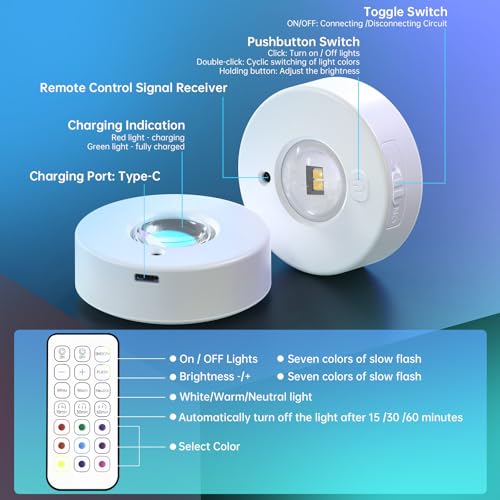Image of 6 Pack Under Cabinet Lighting,Puck Lights with Remote,1200mAh Battery Operated Wireless Cloest Light,Under Counter Lights for Kitchen,Shelf,Hallway