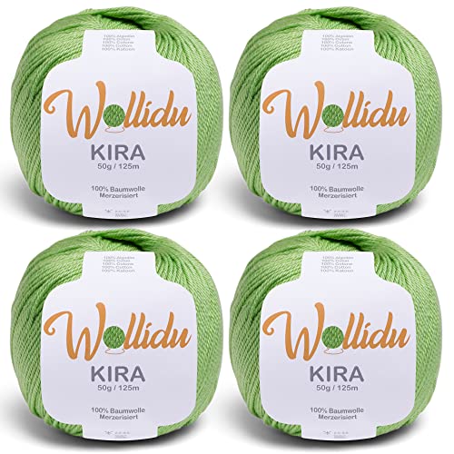 Wollidu Kira - Ovillos de hilo de tejer 100% algodón, 4 x 50 g, para tejer y ganchillo, color verde claro