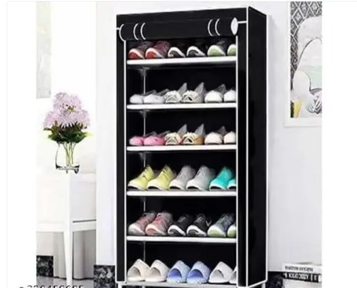 Image of Portable Fabric Wardrobe with Dustproof Cover, 6-Tier Storage Organizer with Shoe Rack, Foldable Space-Saving Closet for Bedroom & Home, Black