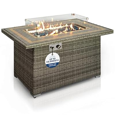 SereneLife Outdoor Propane Fire Pit Table- 50,000 BTU Auto-Ignition Gas Fire Pit w/Glass Wind Guard, Black Tempered Glass Tabletop & Clear Glass Rock for Outdoor Cooking & Grilling - SLNFTAL26