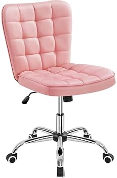 Yaheetech Silla de Oficina sin Reposabrazo Silla Oficina Tapizada de Cuero PU Silla con Ruedas Silla Ergonomica Base Metal Rosa