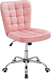 Yaheetech Silla de Oficina sin Reposabrazo Silla Oficina Tapizada de Cuero PU Silla con Ruedas Silla Ergonomica Base Metal Rosa