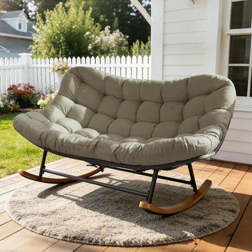 Tobegin Double Papasan Rocking Chair Outdoor & Indoor, Oversized Rocking Reclining Loveseat with Thick Cushion and Frame, 660LBS Capacity Rocking Egg Chair for Porch, Garden, Living Room (Khaki)