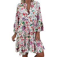 Vestidos Mujer Verano 2019 Nuevo SHOBDW Cuello en V Llamarada Manga Larga Elegant Vestidos Playa Boho Floral Mini Vestidos Vintage Fiesta Vestidos Mujer Cortos Talla Grande(Blanco,XL)