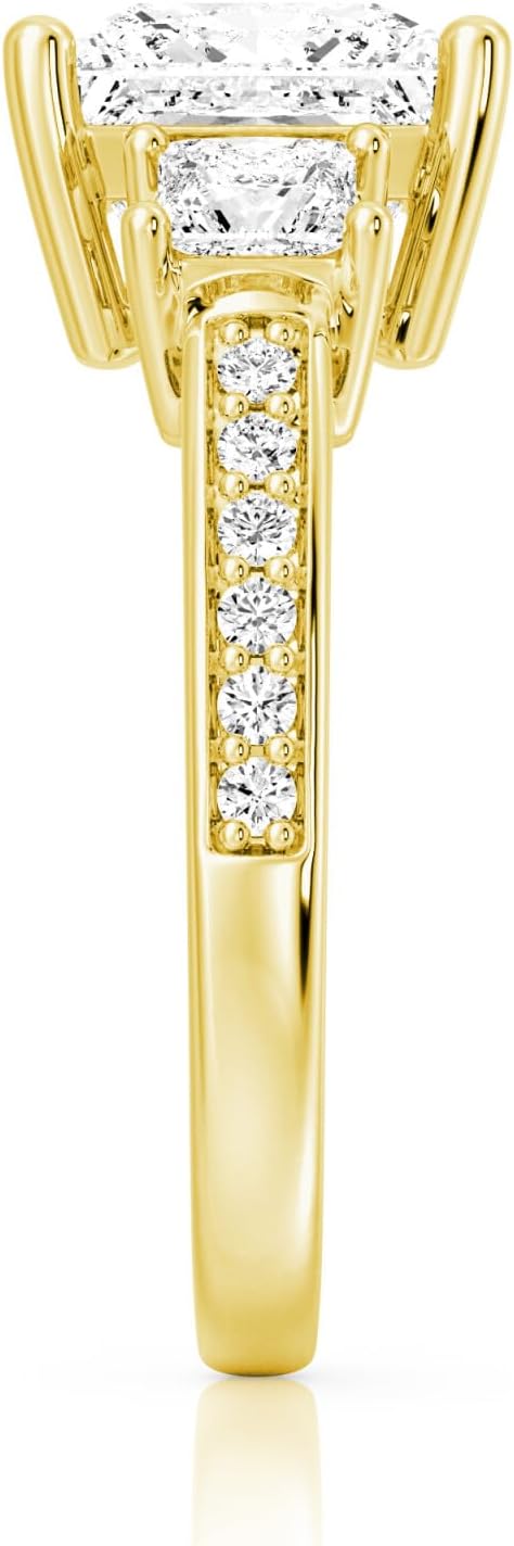 MSBLUE® Three Princess Cut Moissanite Engagement Ring with Pave, 14K Gold Vermeil, Rhodium Finish - Image 6