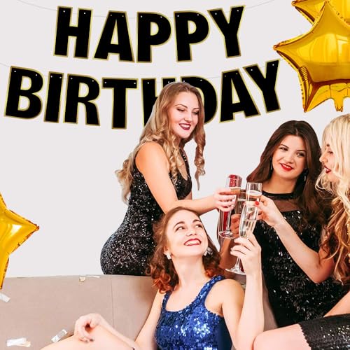 RICHHHA Pre-Strung Happy Birthday Banner Happy Birthday Backdrop Sign Garland Rainbow Party Supplies Holiday Decorations for Women Men Boys Girls NO-DIY Black Gold by RICHHHA - Used condition - Image 4