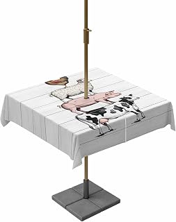 Outdoor Tablecloth with Umbrella Hole & Zipper, Farmhouse Wooden Grain Square Tablecloth 54x54 Inch, Modern Country Cow Pig Chicken Patio Table Cover Waterproof Table Cloth for Picnic/Party