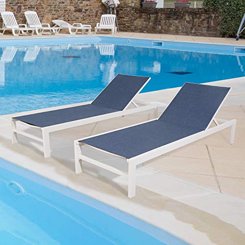 Peak Home Furnishings 2 Pieces Outdoor Aluminum Chaise Lounge Chairs Patio Sling Sun Lounger Set Recliner with Wheels (Navy)