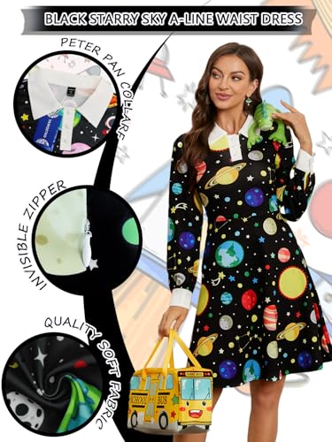 Image of Womens long Sleeve Peter Pan Collar Aline Dress for Halloween Role Play Party Teacher Costume with Bus Bag