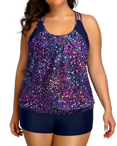 Image of Womens Plus Size Tankini Swimsuit Two Piece Tummy Control Bathing Suit | Blouson Racerback Tankini Top with Shorts, Double Up Design, Removable Pad