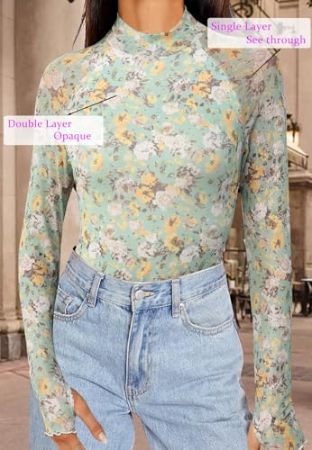 Aoulaydo Long Sleeve Floral Mesh Tops Mockneck Going Out Tops for Women Fashion Spring Outfits 20252
