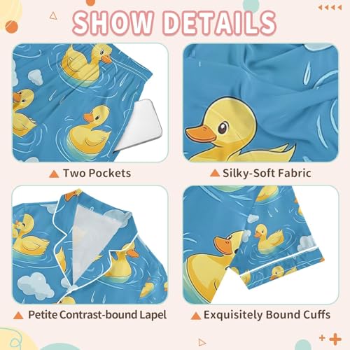 senya Yellow Ducks Swimming Rain Satin Summer Pajama Sets Silk Short Sleeve Button Down Sleepwear3