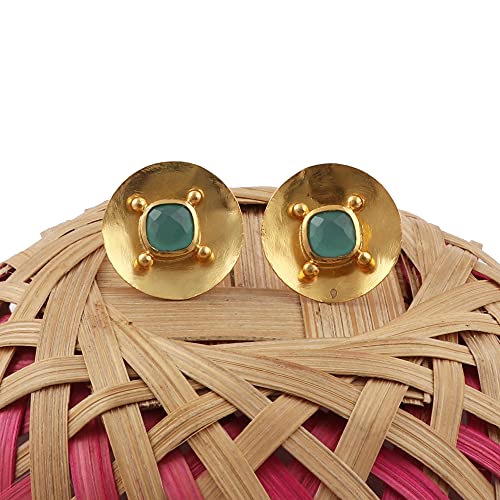 Natural Aqua Chalcedony Gemstone Brass Stud Earrings Lightweight Half Bezel Setting Gold Plated. #TOP2