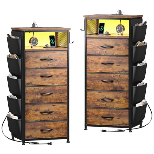 Image of EnHomee Nightstands Set of 2 with 5 Drawers, Dresser with Charging Station and LED Light, Tall Nightstand with Extra Side Bag & Hooks, Bedroom, Closet, Hallway, Entryway, Rustic Brown