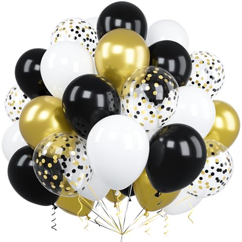 Black Gold Balloons, Ousuga 60 pcs 12 Inch Matte Black Gold White Confetti Latex Balloons Set For Boys Men Birthday Baby Shower Wedding Graduation Anniversary Engagement Retirement Party Decorations