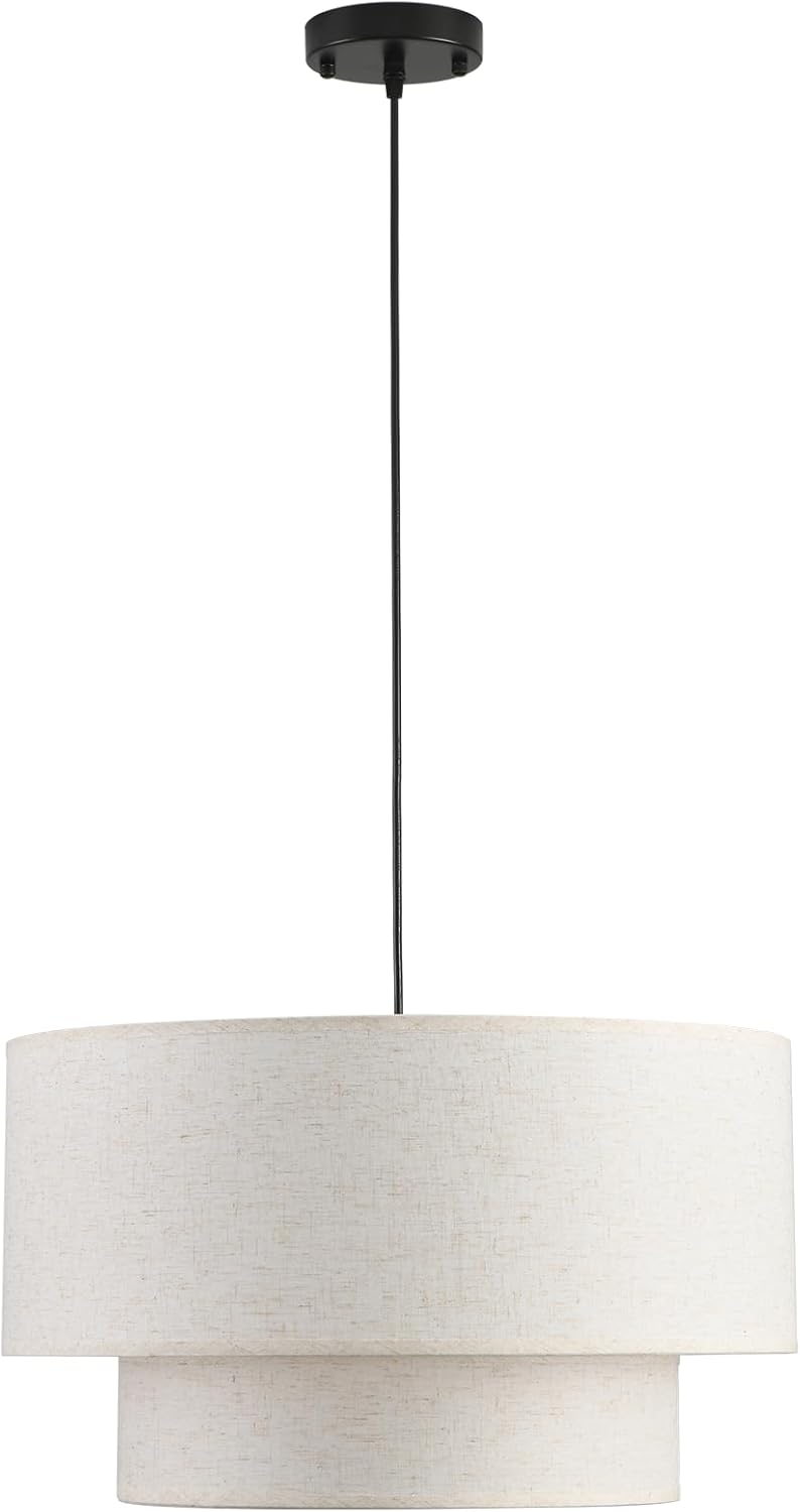 20" Pendant Light Fixtures, 3-Light Drum Fabric Pendant Light with 2-Tier Linen Lampshade, Modern Hanging Chandelier for Dining Room Living Room Kitchen Entryway Hallway Beige