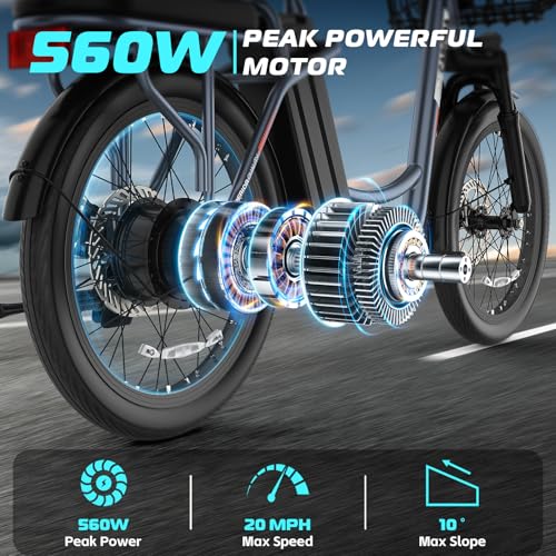 Carom Peak 560W Electric Bike for Adults, 36V Removable Battery, Up to 15Miles&20MPH, 20\" Fat Tire Electric Scooter with Basket&Adjustable Seat, Foldable Adult Electric Bicycle for Commuting (Grey)
