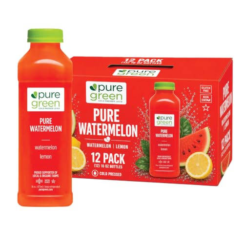 Pure Green Cold Pressed Watermelon Juice – 12 Bottles 16oz| L-Citrulline Rich | Watermelon & Lemon | Non-GMO, Gluten Free