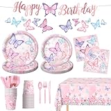 178 PCS Butterfly Birthday Party Supplies Disposable Paper Plates, Napkins, Cups, Cutlery, Tablecloth, Banner, and Hanging Swirl for Butterfly Birthday Decorations, Serves 25