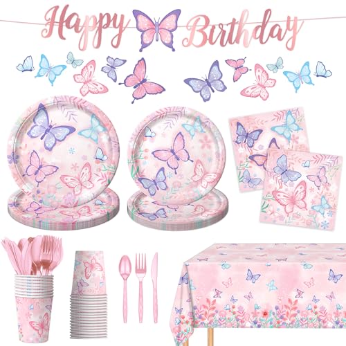 178 PCS Butterfly Birthday Party Supplies Disposable Paper Plates Napkins Cups Cutlery Tablecloth Banner and Hanging Swirl for Butterfly Birthday Decorations Serves 25