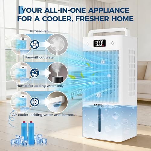 Image of Garvee Evaporative Air Cooler, 10L (2.6Gal) Portable Cooler Fan with TOUCH SCREEN & Remote Control, 3 Speeds & 3 Modes, LED Display, Ice Packs & Casters Included, for Bedroom, Office, Home