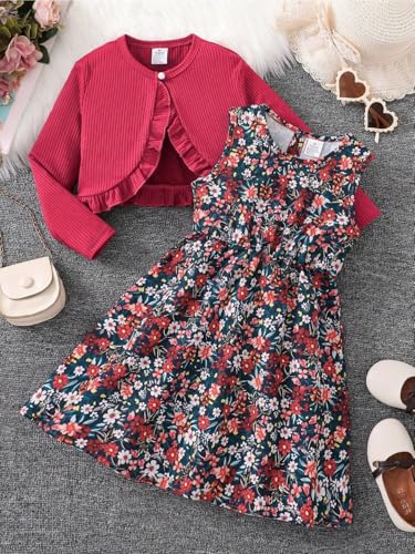 Image of Niren Enterprise Girl's Cotton Jacket Pair Floral Printed Sleeveless Dress