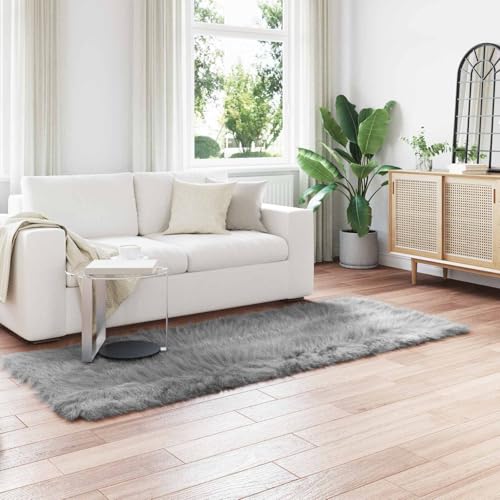 Grand tapis de salon poils longs en polyester doux imitation fourrure grise