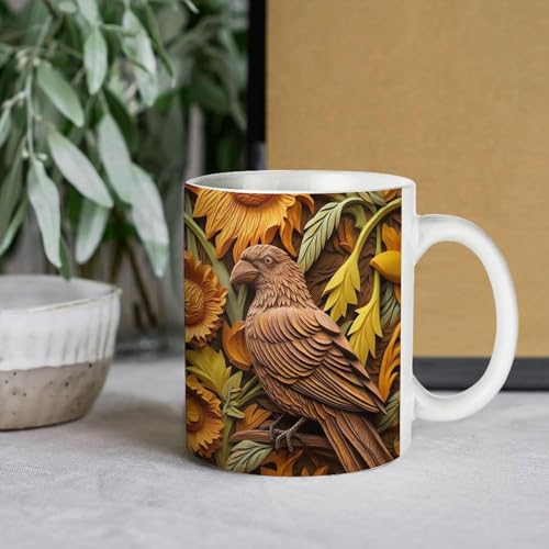 Compladeta 3D Carved Bird Flowers Mug, 3D Elephant Mug Wrap, 3D Floral Bird Mug Design Sublimation, Floral Mug Coffee Mug 11Oz Ceramic Cute Mugs,Funny Mugs,Gift For Coffee Lovers And Collectors