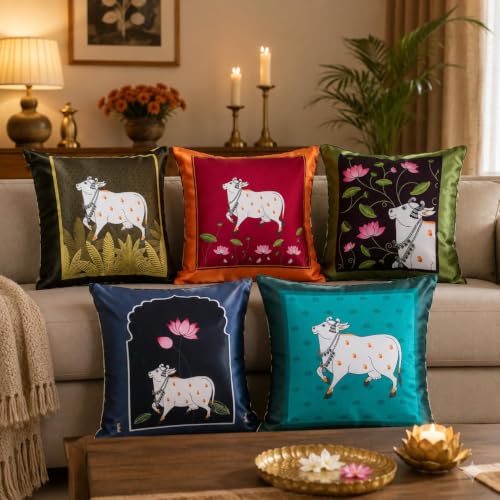 Image of Decorative Satin Sofa Cushion Covers Set of 5, 16 x 16 Inches, Multicolor Floral Printed Pillow Covers for Living Room, Bedroom, Couch & Sofa, Soft Glossy Fabric, Zipper Closure