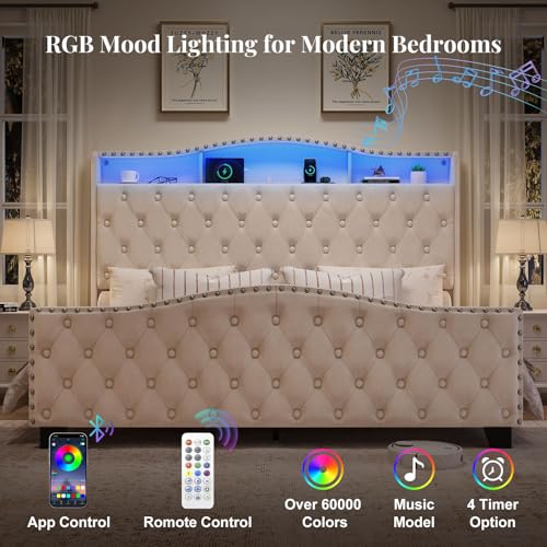 Image of Belffin King Size Bed Frame and Headboard, 50.9 inch Velvet Upholstered Wingback Bedframe with LED Lights & Storage /Charging Station, Button Tufted Tall Footboard, No Box Spring Needed, Noise-Free, Beige