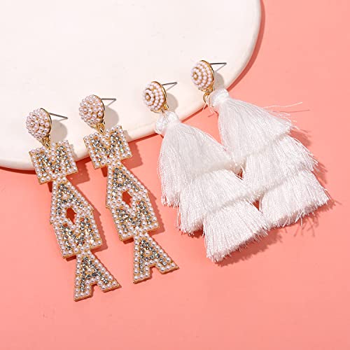 Anglesjell Mother’s Day Earrings Beaded Mama Earrings For Women White Pink Layered Tassel Earrings Birthday Mother’s Day Gifts (White) #TOP2