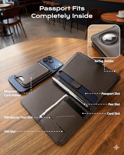Image of Stouchi AirTag Passport Holder, Passport Holder with Detachable Magnetic Card Case, RFID-blocking, 1-Second Pull Strap & One-Hand Access, Premium Vegan Leather Travel Document Organizer