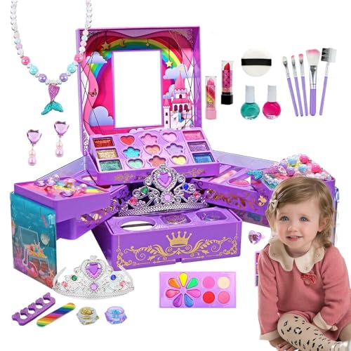 Kit de maquillaje para niños pequeños, juego de maquillaje para niños - Juguetes de maquillaje para niños | Tocador de maquillaje con diseño de caja de almacenamiento grande, juegos de simulación para