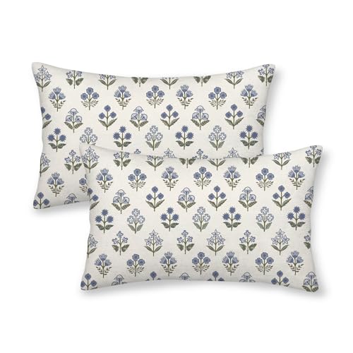 DAFENA Blue Green Pillow Covers 12x20 Inch 2 Pcs Block Print Vintage Floral Decor Throw Pillows Boho Flower Spring Summer Outdoor Seasonal Decoration Pillowcase Linen Cushion Cover for Couch Sofa