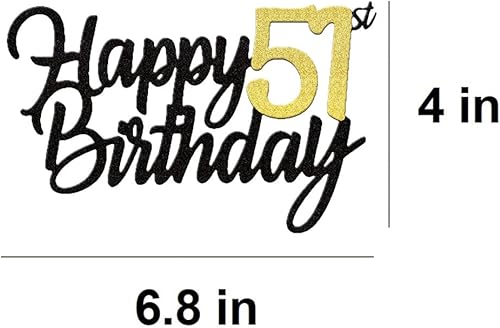 Miniatura 2 de Decoración de pastel de cumpleaños 51 con purpurina para 51 aniversario, decoración de cumpleaños 51 años, decoraciones doradas para tartas de