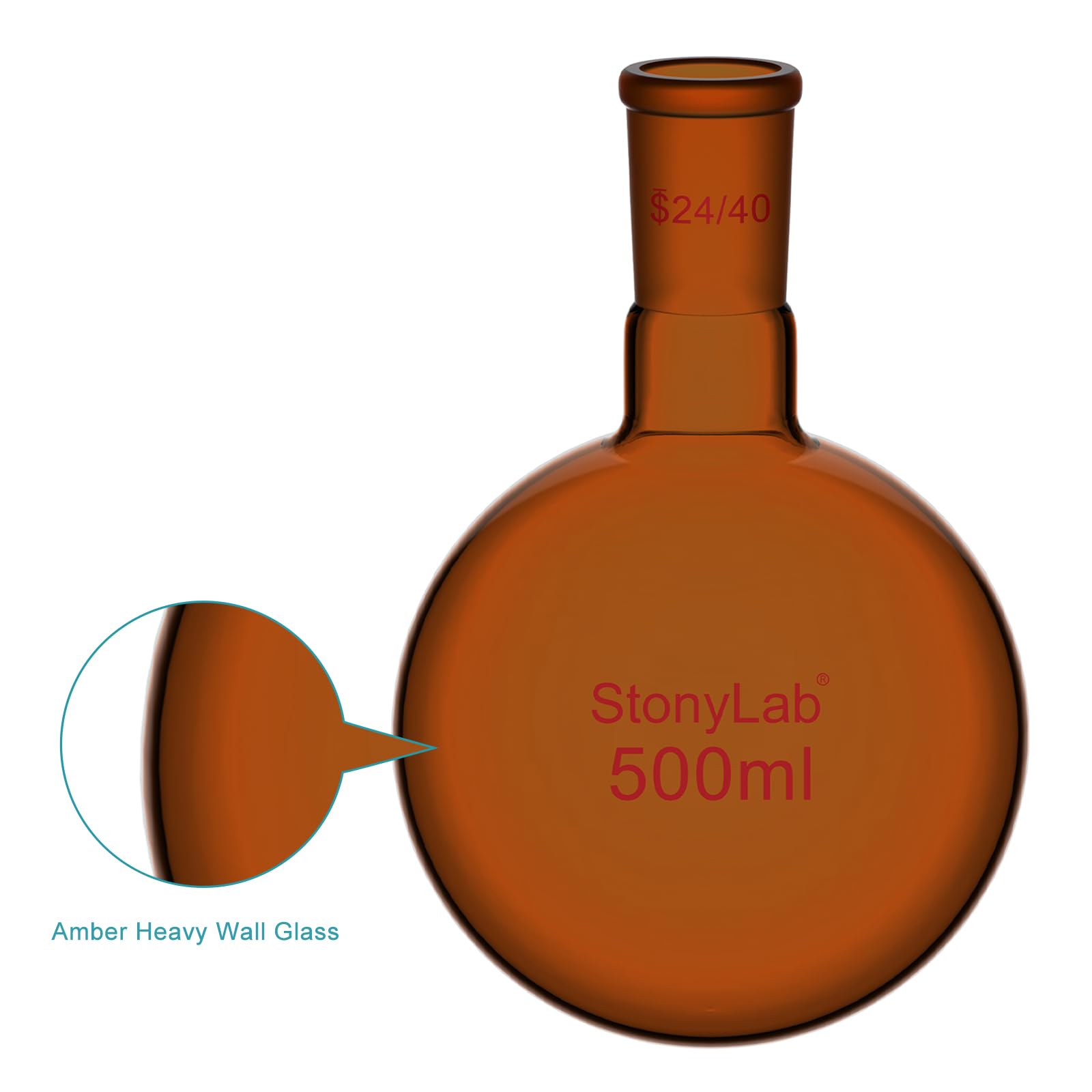 stonylab Ballon à Fond Rond Marron avec Col Unique, Joint Conique Standard 24/40, Verre Borosilicaté de Qualité Laboratoire, Résistant à la Chaleur et aux Produits Chimiques, 500 ml