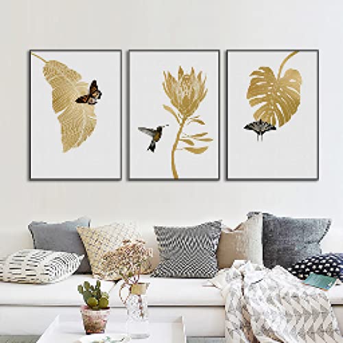 Affiches Art Mural Toile 3 Panneaux Feuilles D'or Abstraites Papillons Salon Moderne 30x45cm