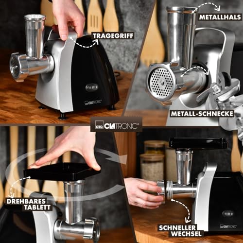 Clatronic® Fleischwolf 1000W Mit Aufsatz für Plätzchen & Spritzgebäck | 3 Metall-Scheiben | Vor-/Rücklauf | Wurstfüller | Metall-Hals u. Schnecke | FW 3803