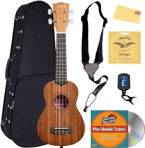 Kala KA-15S Mahogany Soprano Ukulele Bundle with Hard Case, Tuner, Strap, Fender Play, Austin Bazaar Instructional DVD, and Polishing Cloth
