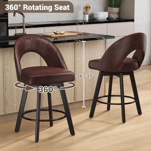 Image of YaFiti 24 inch Counter Height Bar Stools Set of 2, Modern Swivel Bar Stools with Ergonomic Curved Back, Faux Leather Seat & Solid Wood Legs, Saddle Brown