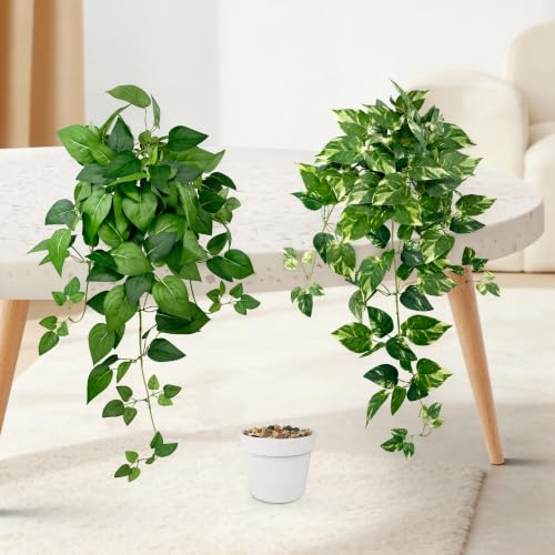 VUAHAUL 2 Pack Artificial Hanging Plants with White Pots 23.6''