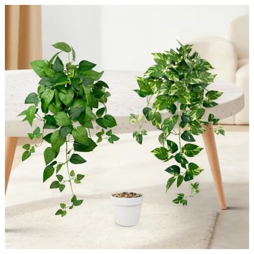 VUAHAUL 2 Pack Artificial Hanging Plants with White Pots 23.6'' | Fake Pothos Potted Plants Faux Ivy Vines Realistic Greenery Hanging Fakeplants Indoor for Home Decor, Bathroom, Office