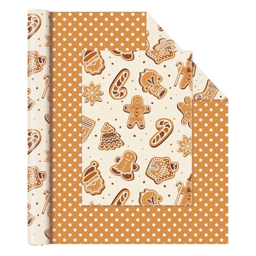 WERNNSAI Christmas Gingerbread Wrapping Paper - 1 Roll 17”x 33 Ft Christmas Wrapping Paper Gingerbread Man Candy Cane Pattern Gift Wrap for Kids Family Friends Xmas Holiday with Polka Dot