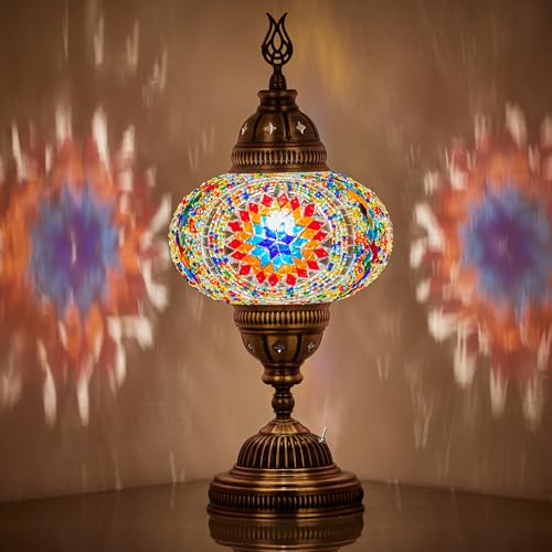 DEMMEX Lámpara de mesa de mosaico a pilas con bombilla LED integrada, mosaico turco marroquí, mesa de escritorio, mesita de noche, lámpara de noche con bombilla LED, sin cable (fuego espacial)