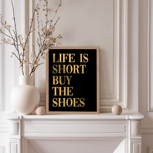 Image of Poster Master Life is Short Buy The Shoes Poster - Fashion Print - Positive Quote Art - Trendy Art - Gift for Women & Fashionista - Funny Wall Decor for Bedroom or Girls Room, 11x14 Beige Framed
